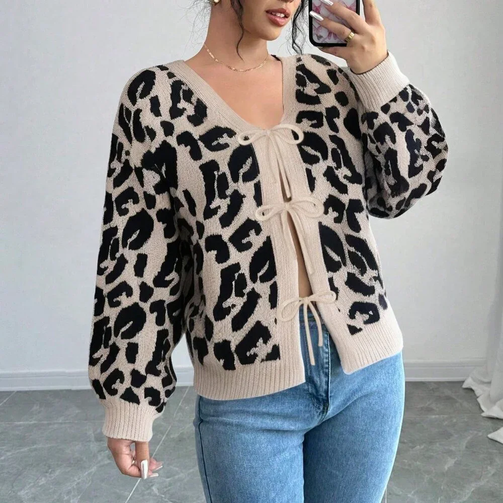 Casual Women's V-Neck Leopard Print Bow detailed Lantern Sleeve sweater top